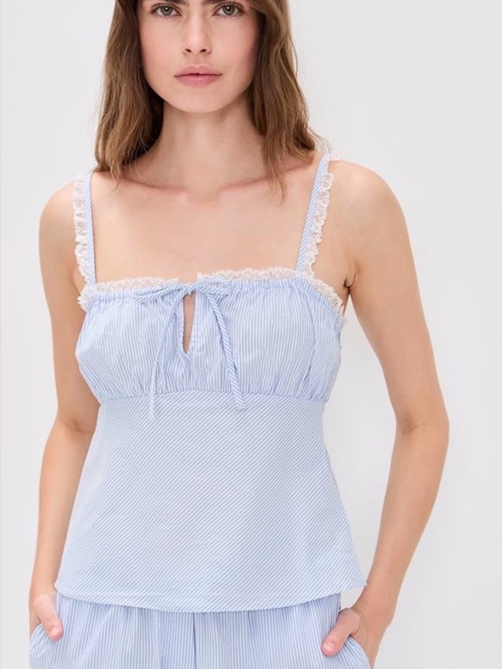 Wayf pinstripe Sara cami with lace trim